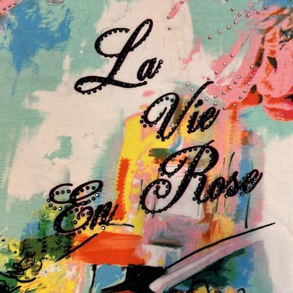 Onque casuals sz small 3/4 sleeve floral print Eiffel Tower embellished top EUC - Picture 5 of 13